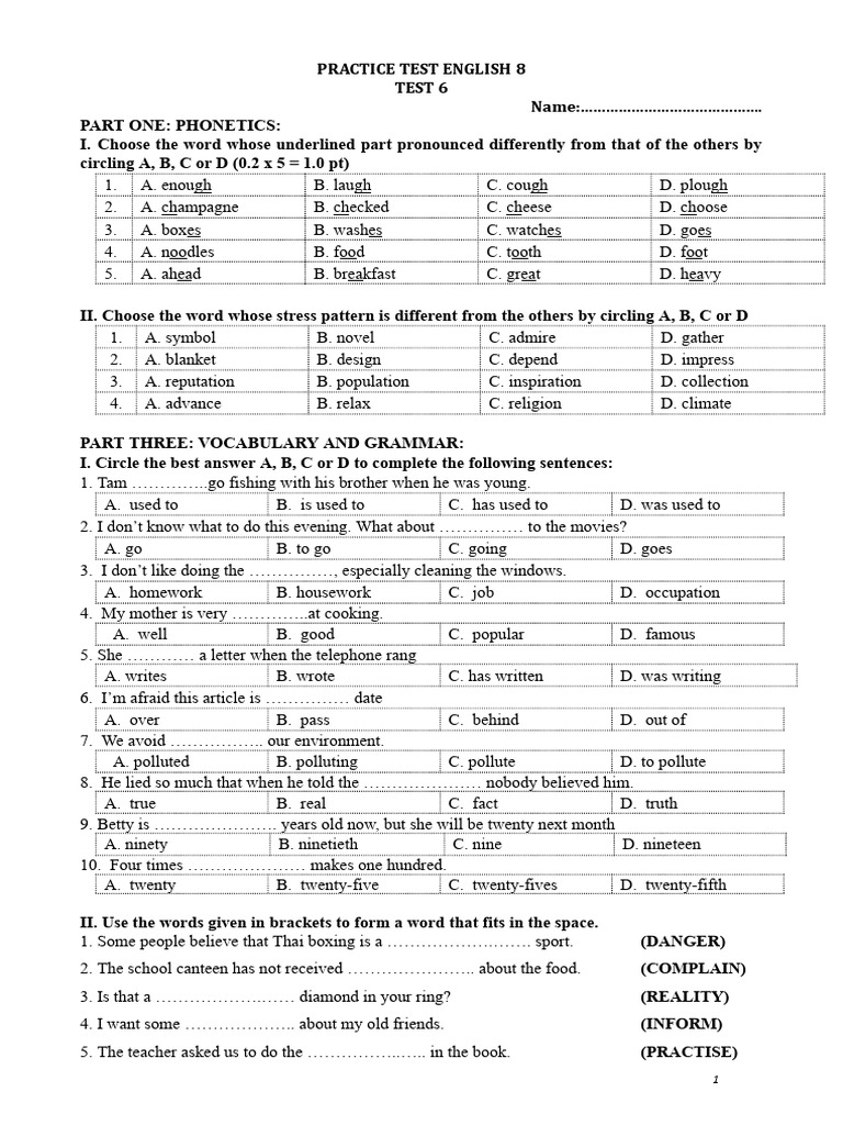 English 8 Practice Test - Test 6 | PDF