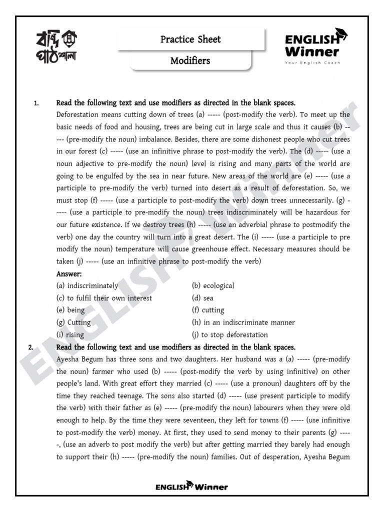 Practice Sheet Modifiers | PDF | Verb | Adjective
