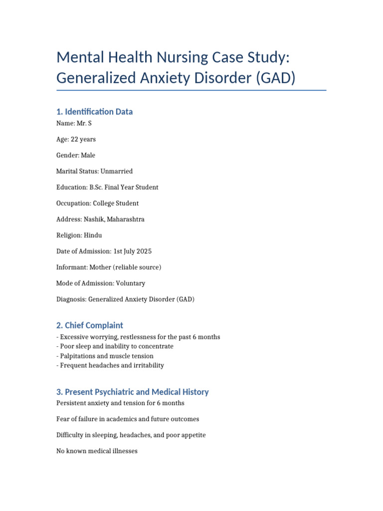 Case Study: Generalized Anxiety Disorder | PDF