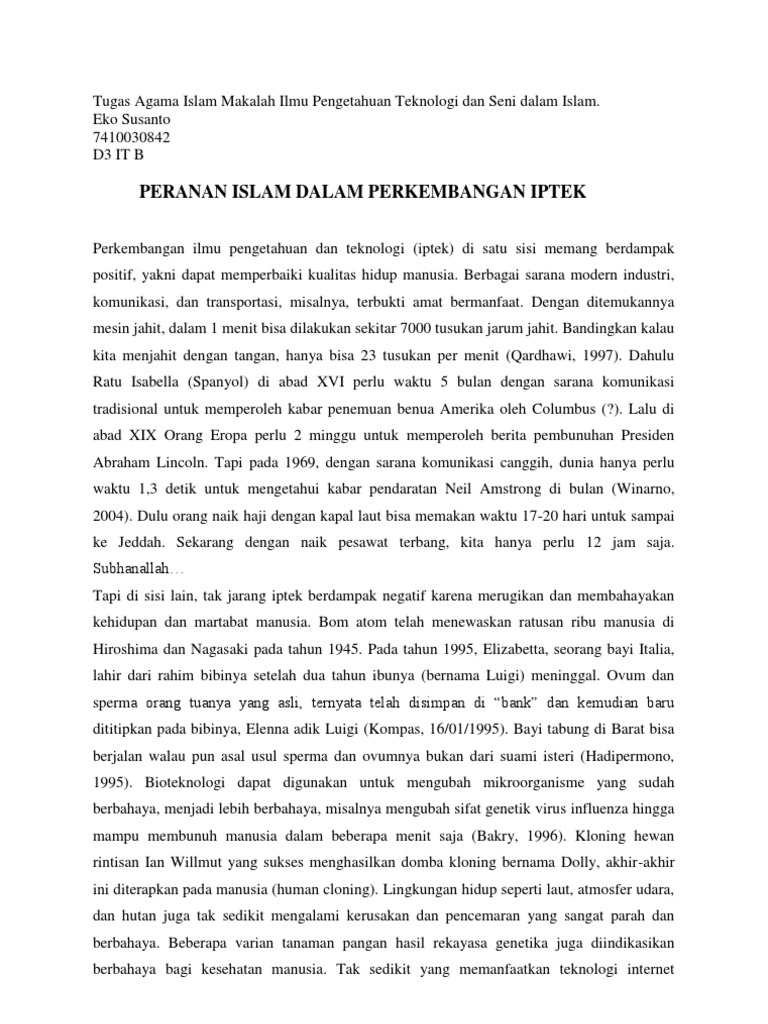 Tugas Agama Islam Makalah Ilmu Pengetahuan Teknologi Dan Seni Dalam Islam