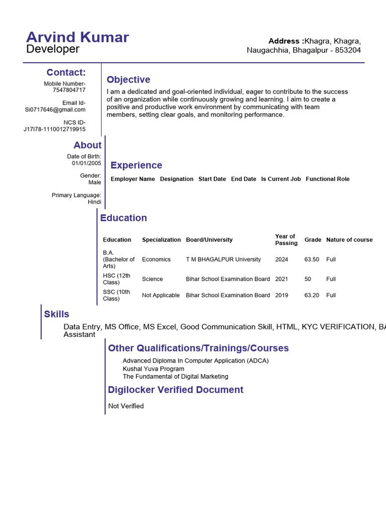 Arvind Kumar - Developer Resume | PDF | Educational Stages | Qualifications
