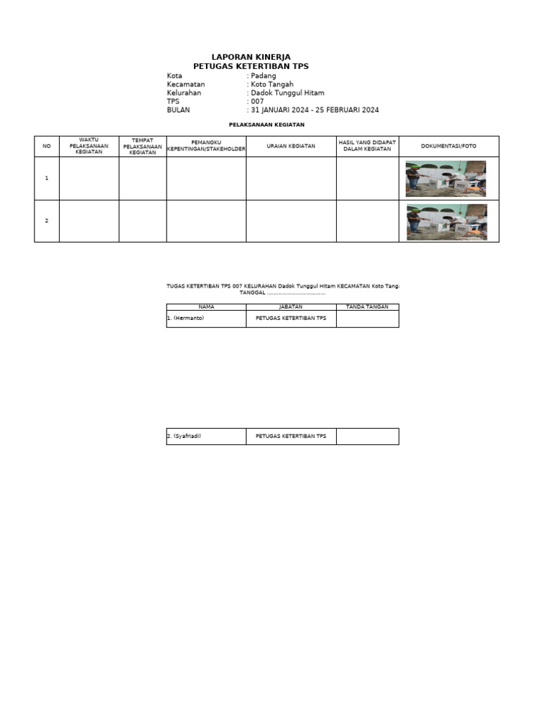 Format Laporan Kinerja Petugas Ketertiban Tps - Xlsxok | PDF
