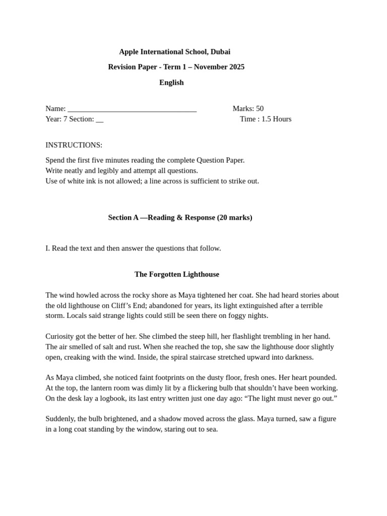 Term 1 English Revision Paper 2025 | PDF