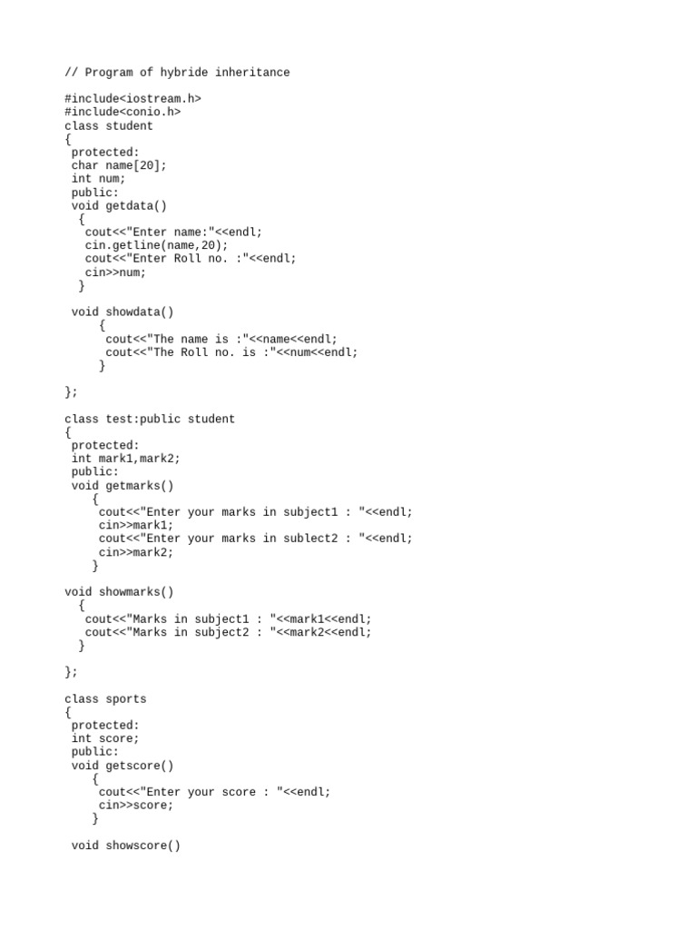 Hybrid Inheritance Program in C++ | PDF