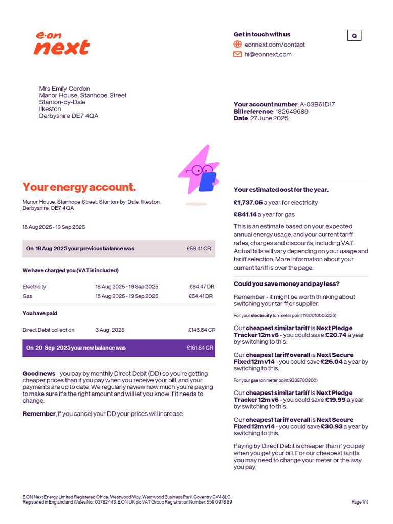E.ON Next Energy Bill Summary 2025 | PDF