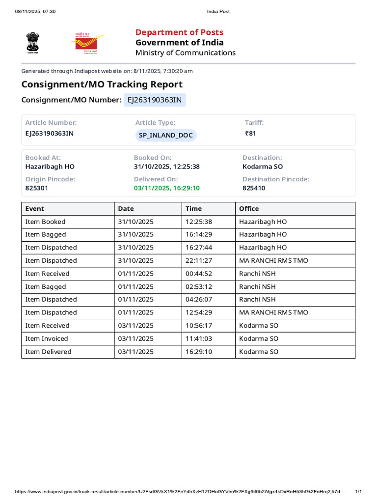 India Post Consignment Tracking Report | PDF