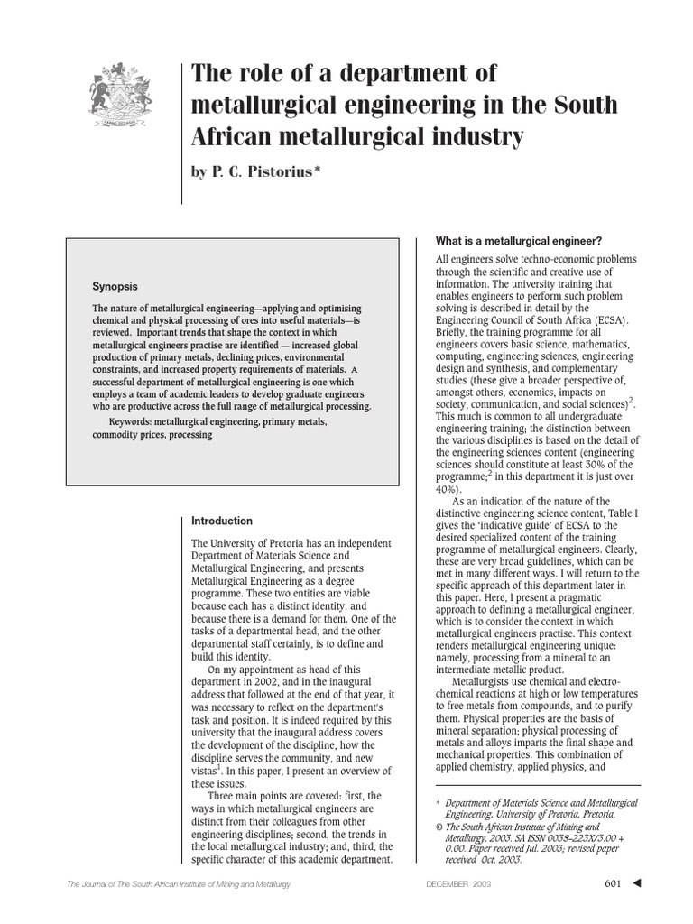 Role of Metallurgical Engineering in SA | PDF | Metallurgy | Metals