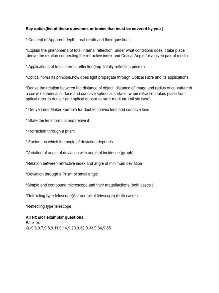 Ray Optics (List of Those Questions or Topics That Must Be Covered by ...