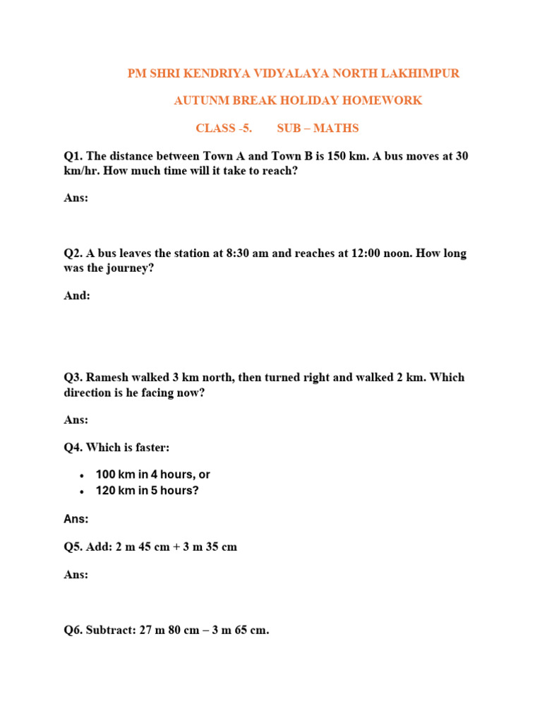 Class 5 Maths Autumn Break Holiday Homework | PDF
