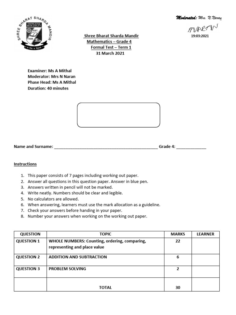 Grade 4 Mathematics Test Paper | PDF | Chess