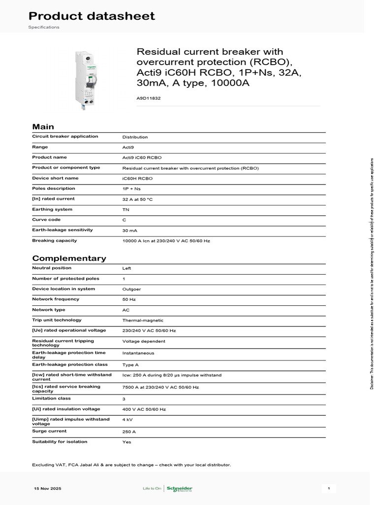Acti9 iC60H RCBO 32A 30mA Datasheet | PDF | Alternating Current ...