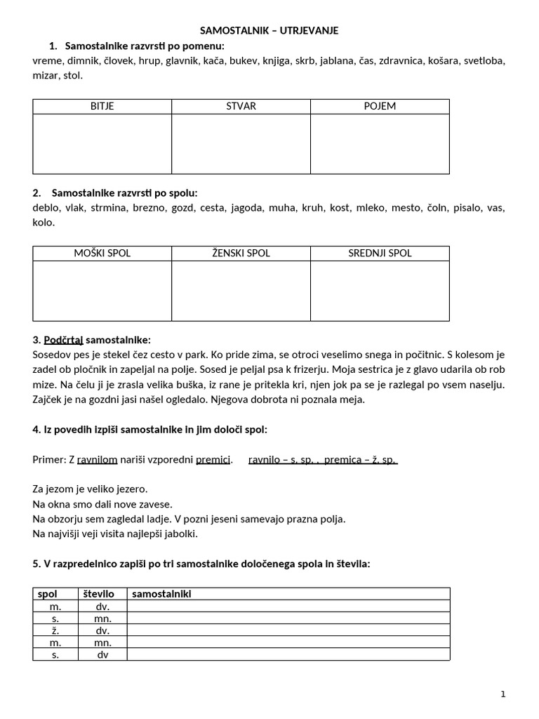 SAMOSTALNIK - Prepoznavanje, Spol, Število, 2020 | PDF