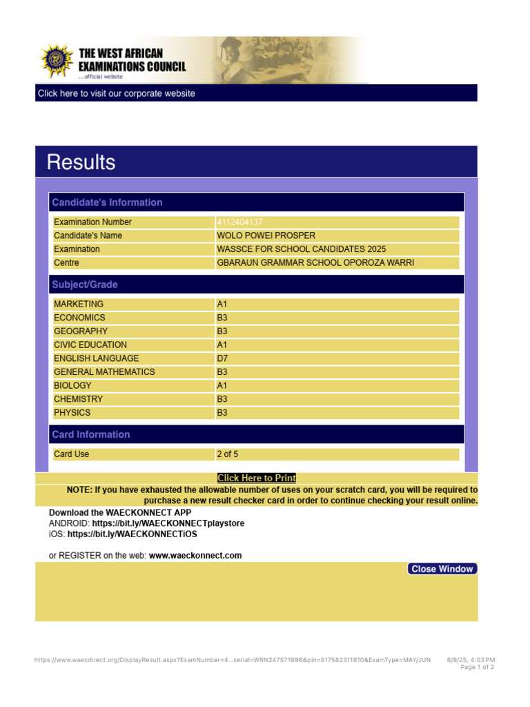 Waecdirect Online - Results | PDF