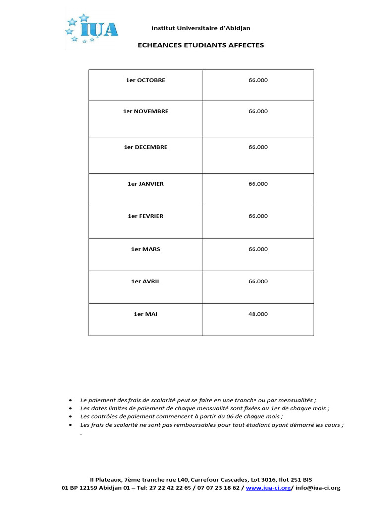 Frais de Scolarité IUA 2023 | PDF