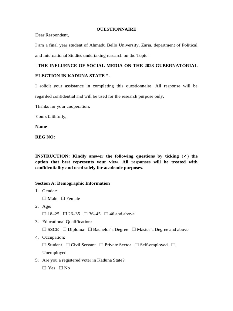 004 Questionnaire | PDF | Elections