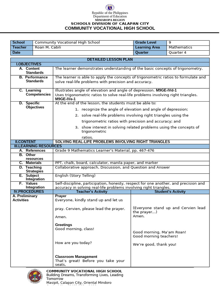 Grade 9 Trigonometry Lesson Plan | PDF | Trigonometric Functions ...