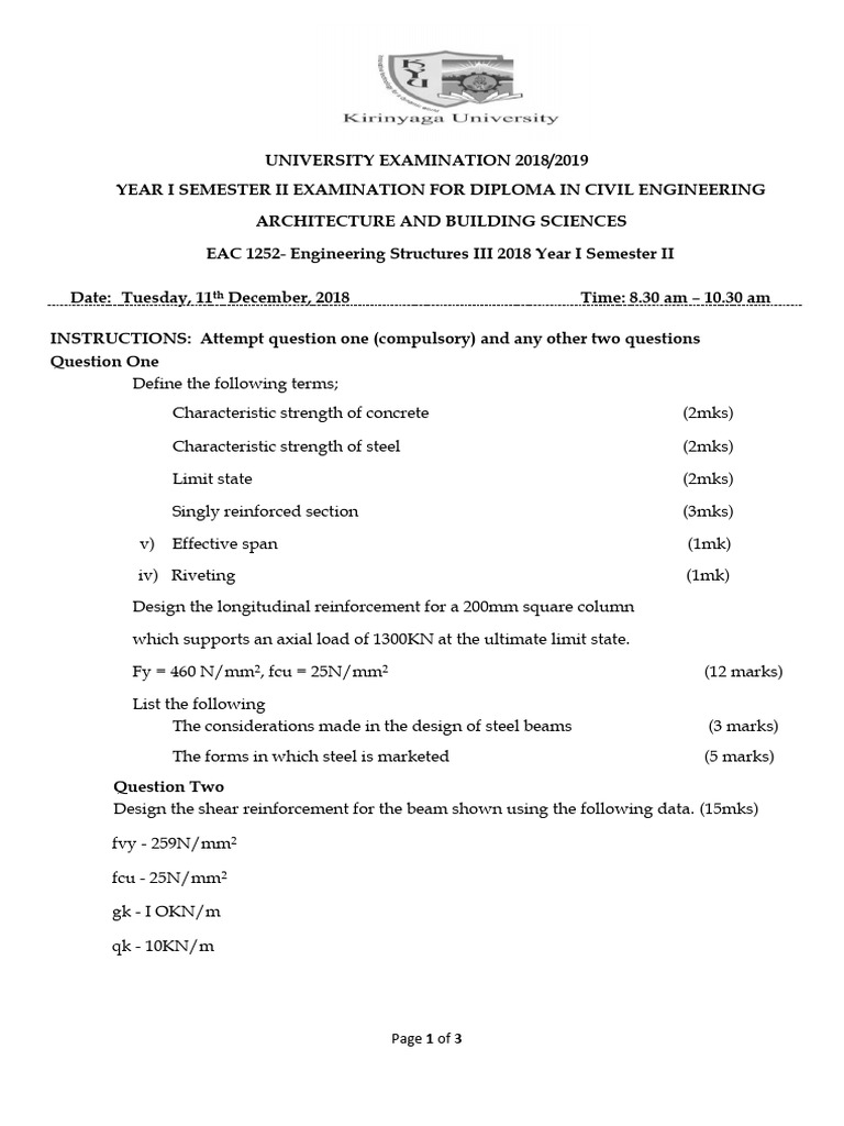 EAC 1252 - Engineering Structures III 2018 Year I Semester | PDF | Beam ...