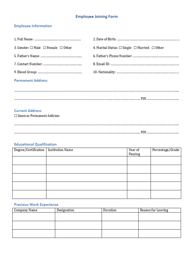 Employee Joining Form Template | PDF | Chess Theory | Chess