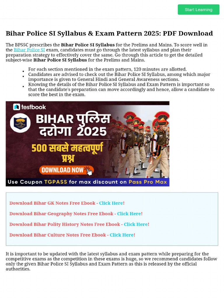 Bihar Police SI Syllabus & Exam Pattern 2025 - PDF Download | PDF