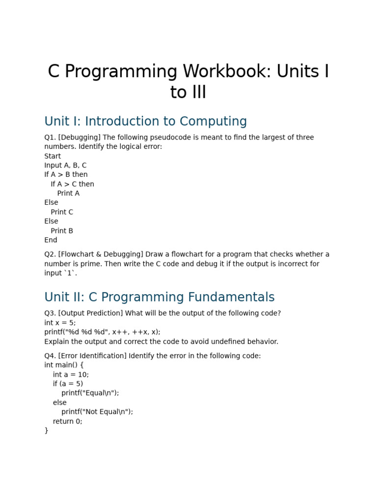 C Programming Workbook: Debugging & Challenges | PDF