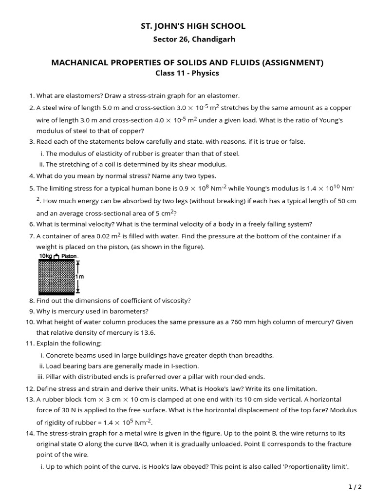 Mechanical Properties of Solids & Fluids Assignment | PDF | Young's ...