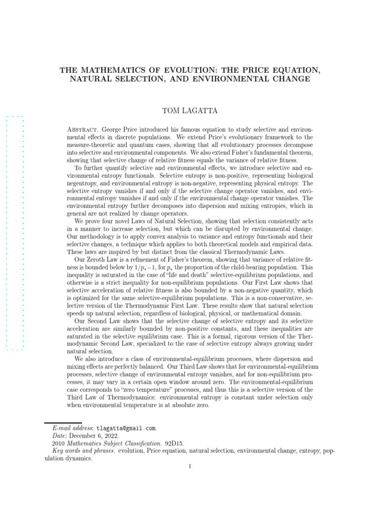 The Mathematics of Evolution: The Price Equation, Natural Selection ...