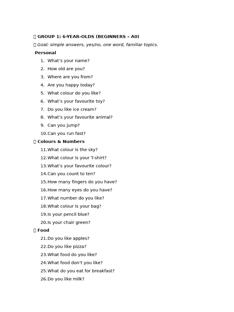 English Questions for Kids A0 to Pre-B1 | PDF | Lunch