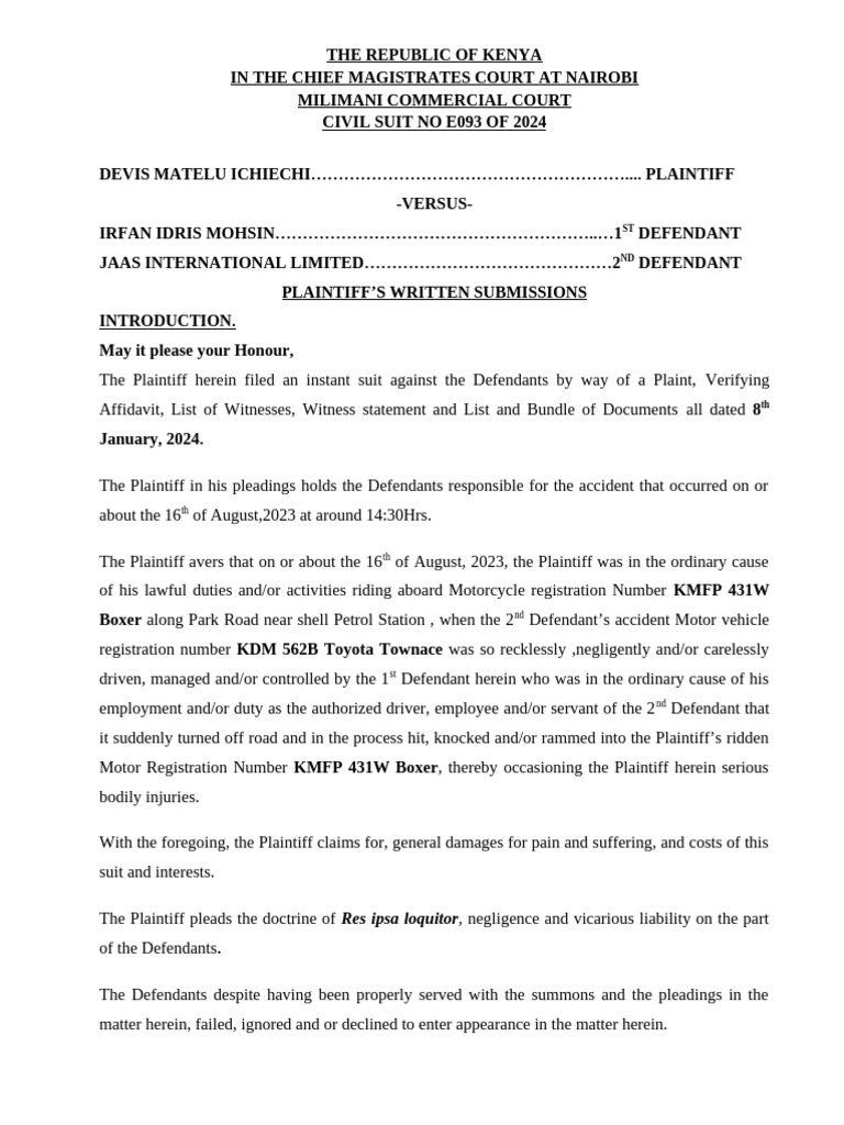 Kenya Civil Suit: Plaintiff's Injury Claim | PDF | Burden Of Proof (Law ...