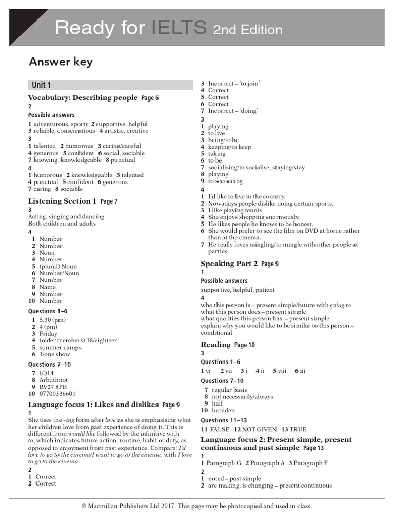 IELTS 2nd Edition Answer Key | PDF