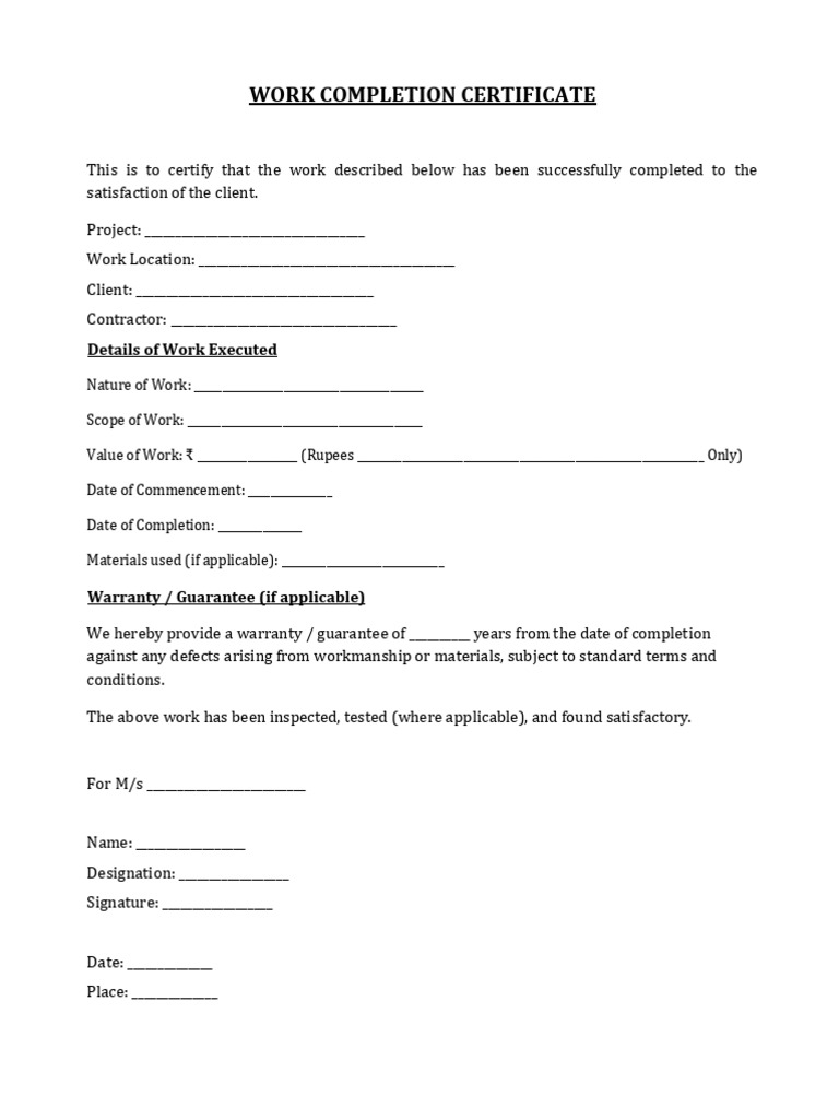Work Completion Certificate Template | PDF