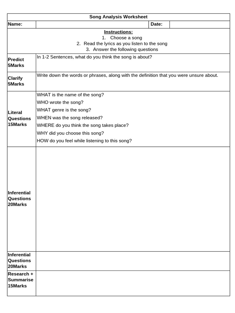 Song Analysis Worksheet Template | PDF | Critical Thinking | Learning