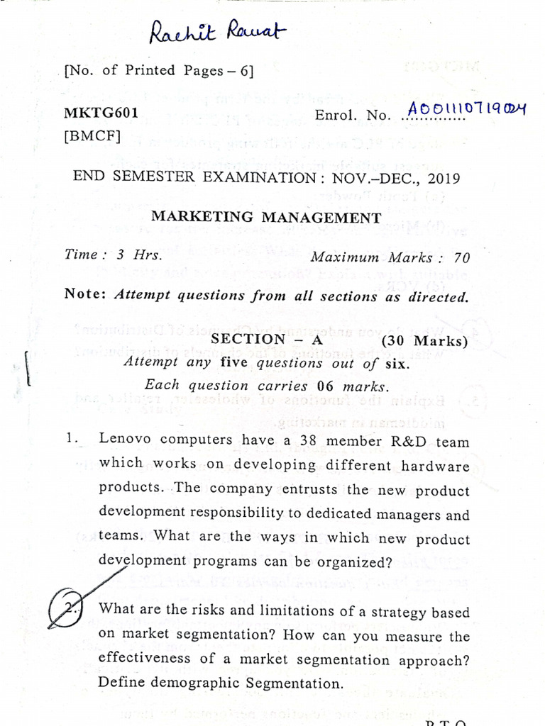 Marketing Management 2019 Ques Paper | PDF