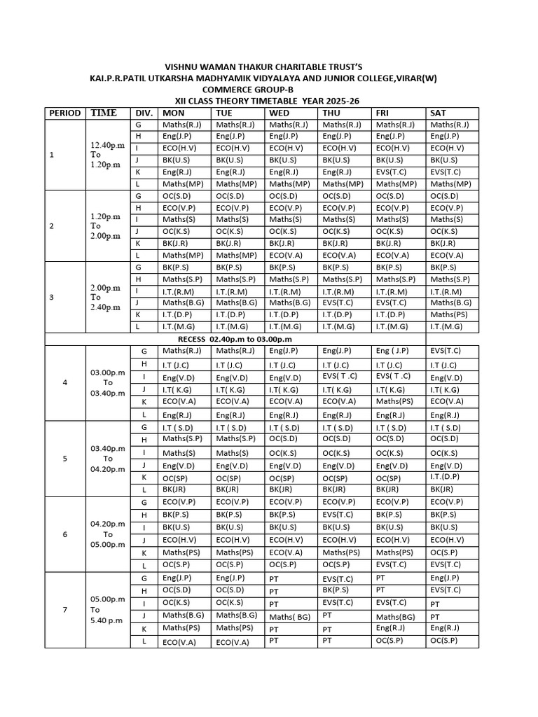 Com Group B - Xii STD Time Table 2-1 | PDF