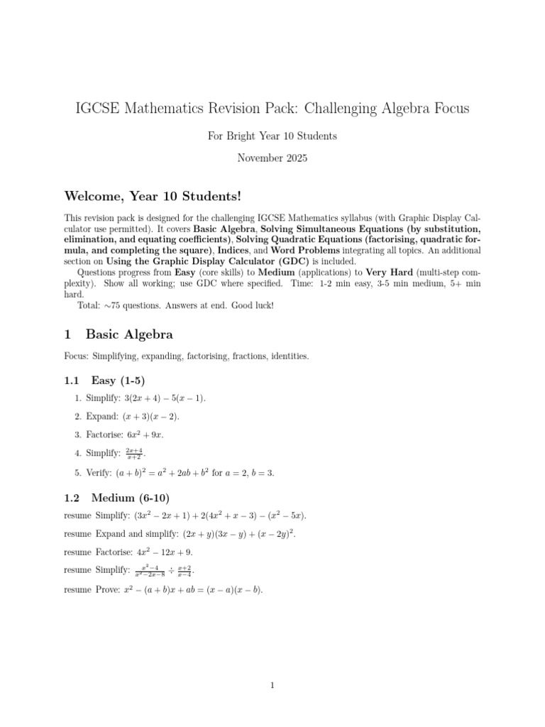 IGCSE Math Revision: Challenging Algebra | PDF | Quadratic Equation ...