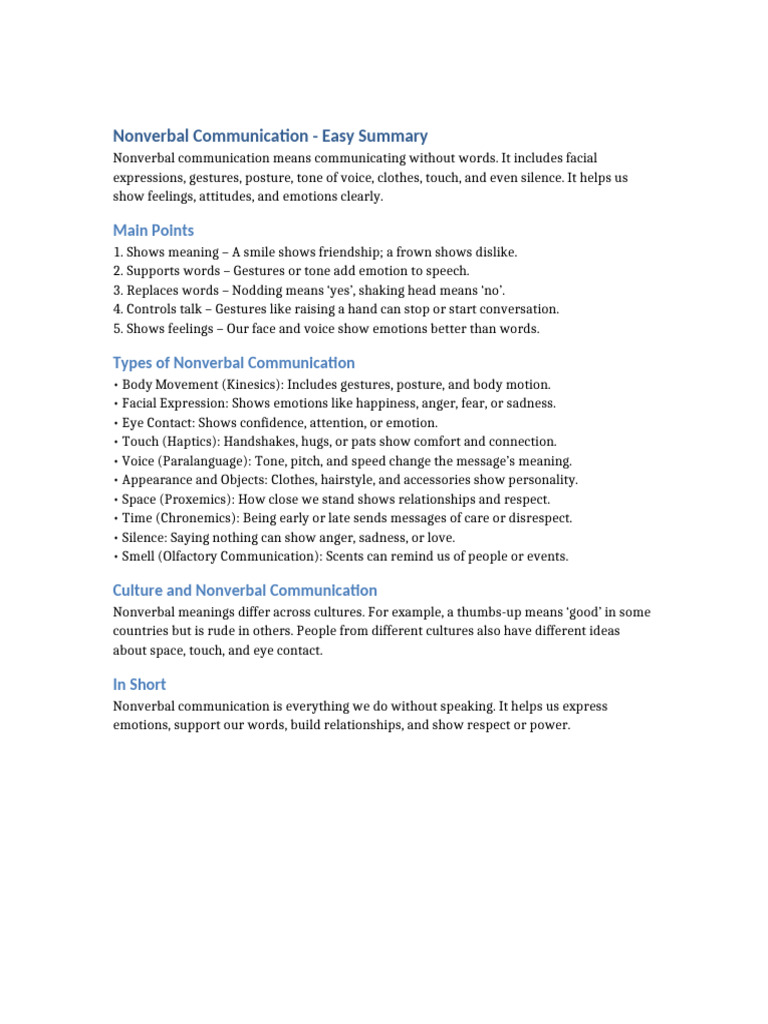 Nonverbal Communication Summary | PDF