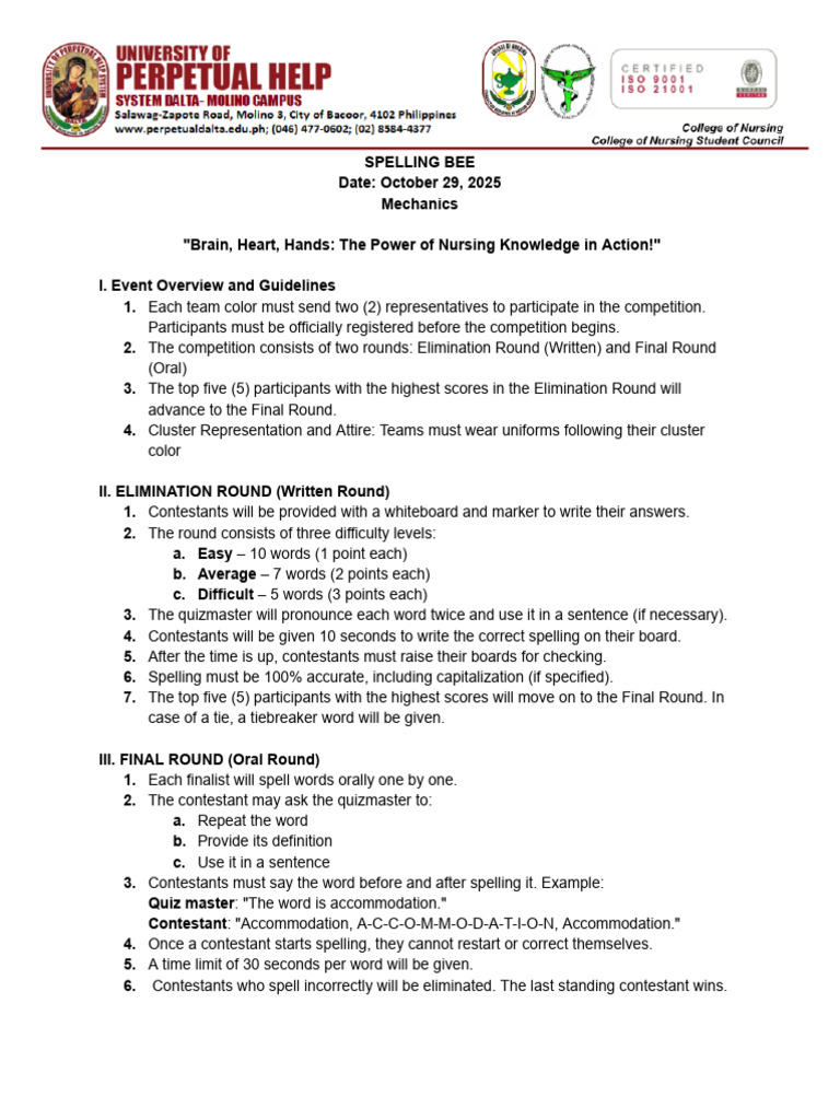 Spelling and Quiz Bee Guidelines 2025 | PDF