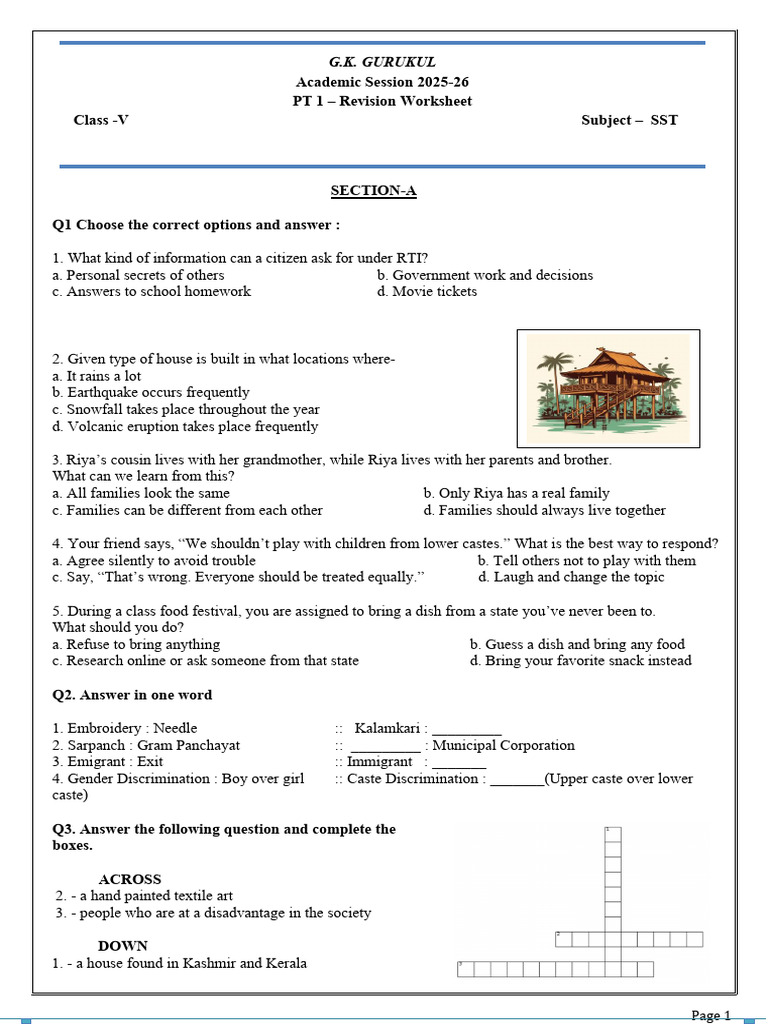 Class 5 SST Revision Worksheet | PDF