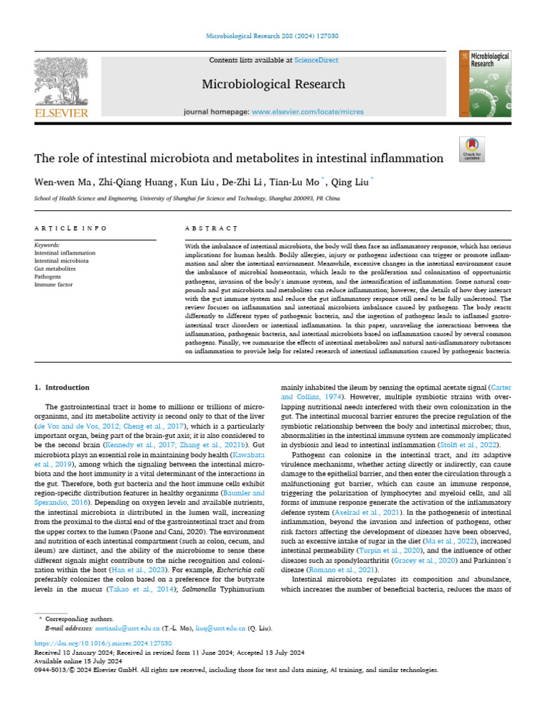 The Role of Intestinal Microbiota and Metabolites in Intestinal ...