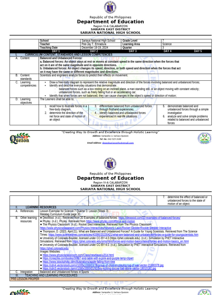 Balanced vs Unbalanced Forces Lesson Plan | PDF | Force | Learning