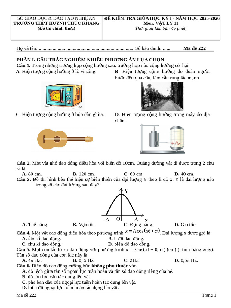 MÃ ĐỀ 222-GK1-VL11 | PDF