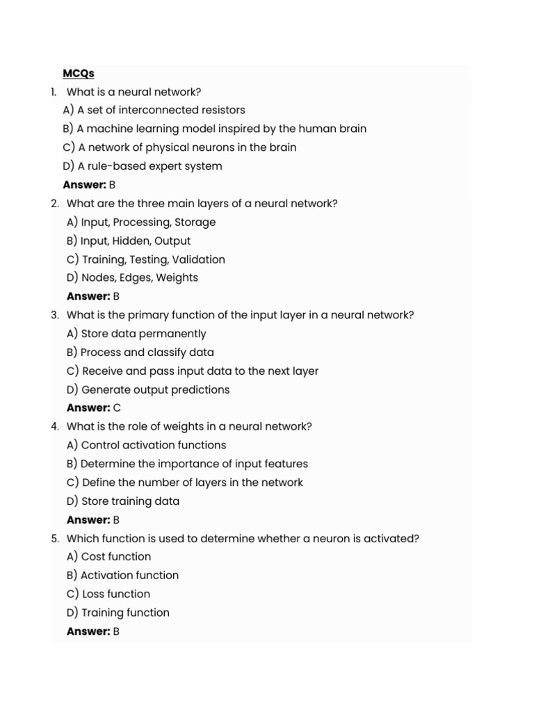 Neural Network Basics MCQs and Answers | PDF | Deep Learning | Machine ...