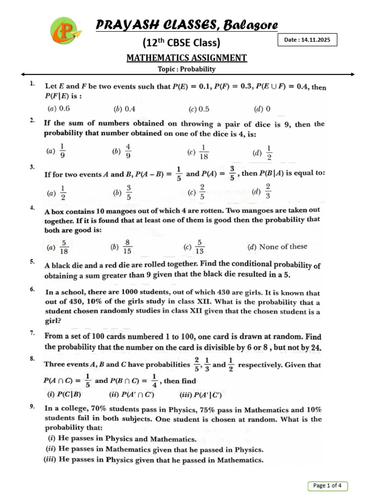 12th CBSE Mathematics Assignment: Probability | PDF