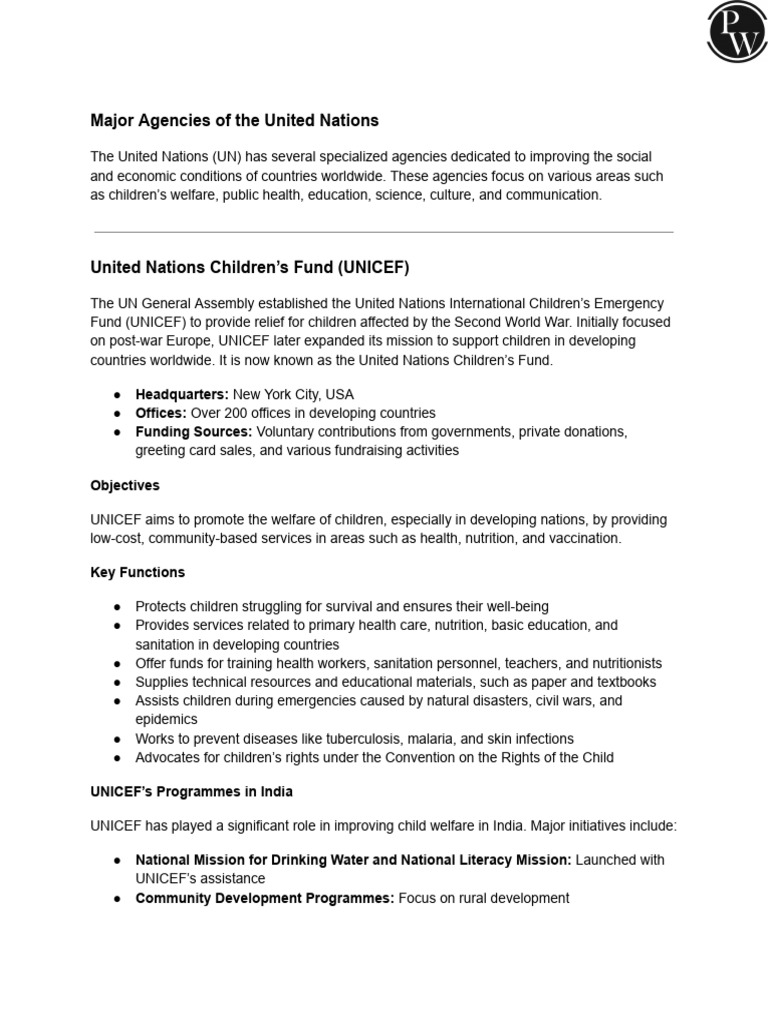 Major UN Agencies and Their Roles | PDF | Unicef | World Health ...