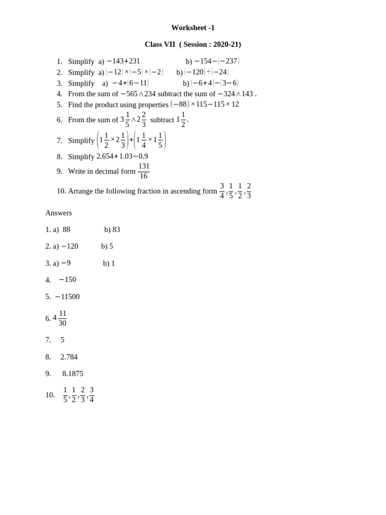 Worksheet 1 Class Vii (2020-21) | PDF