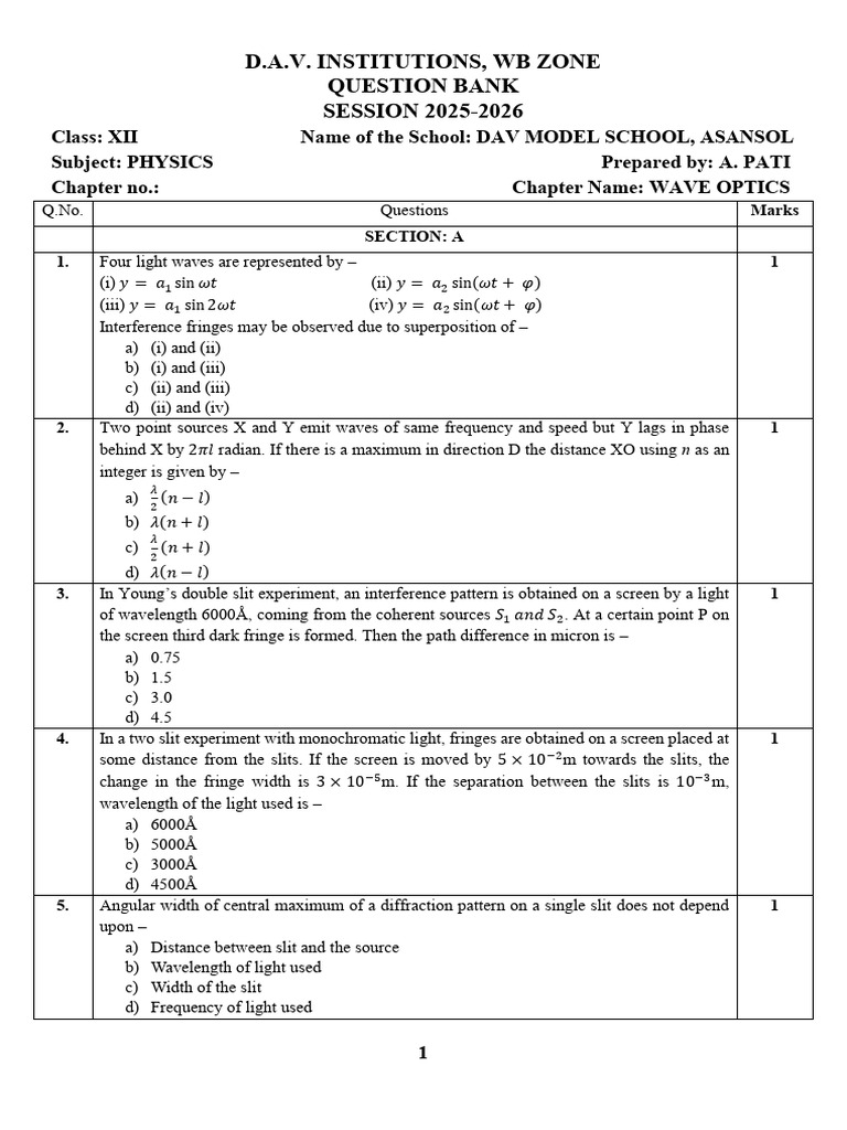 Class XII Physics Wave Optics Question Bank | PDF | Diffraction ...