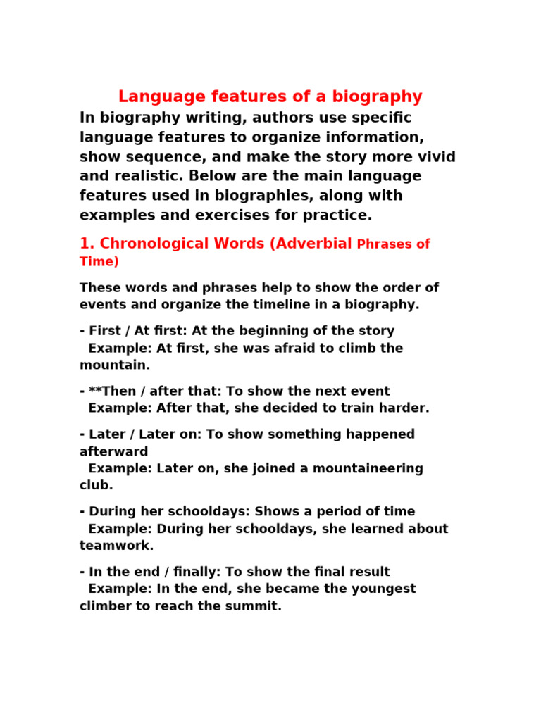 Key Language Features in Biography Writing | PDF | Linguistics