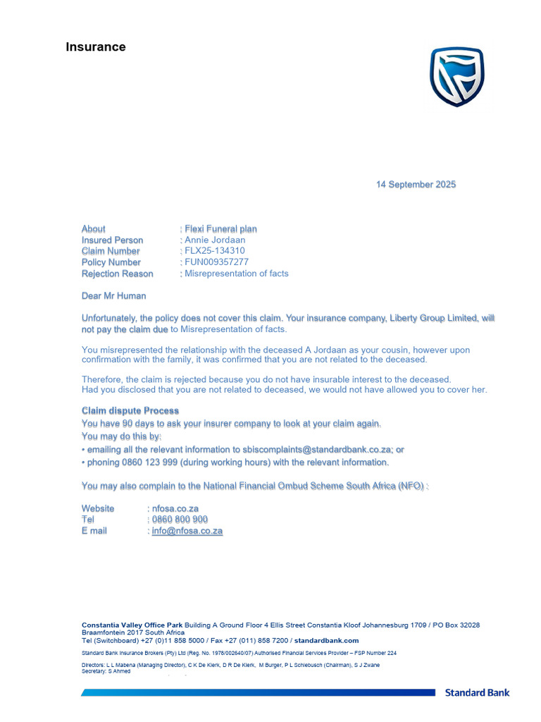 Flexi Funeral Plan Claim Rejection Notice | PDF | Insurance | Financial ...