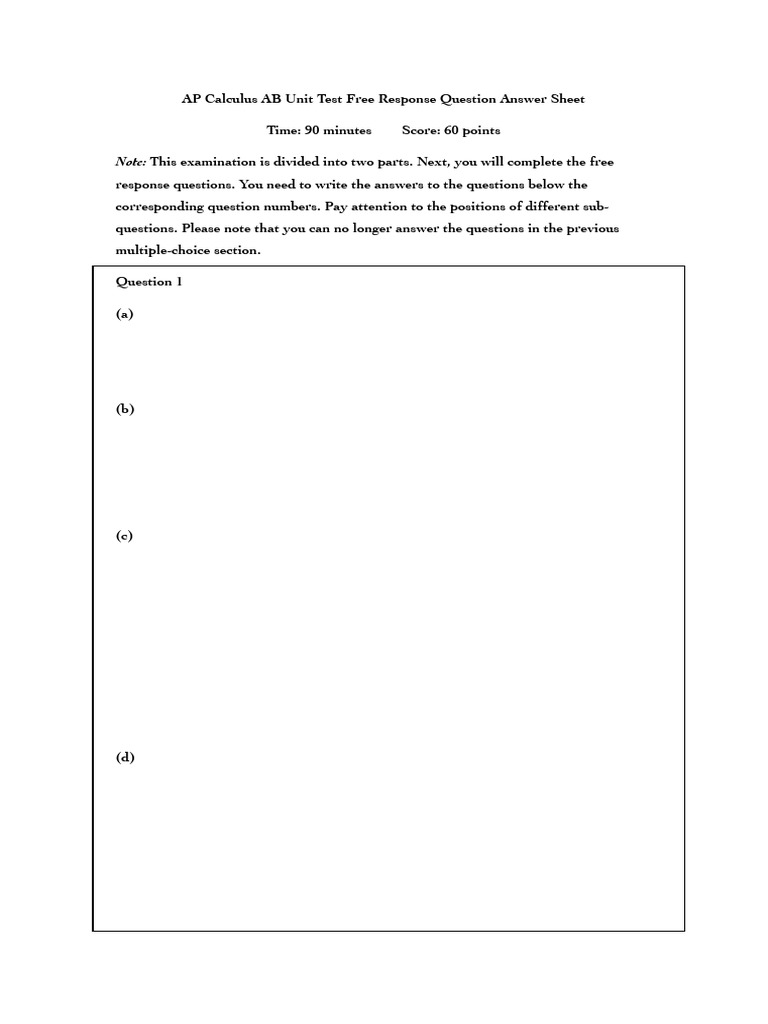 AP Calculus AB Free Response Answer Sheet | PDF