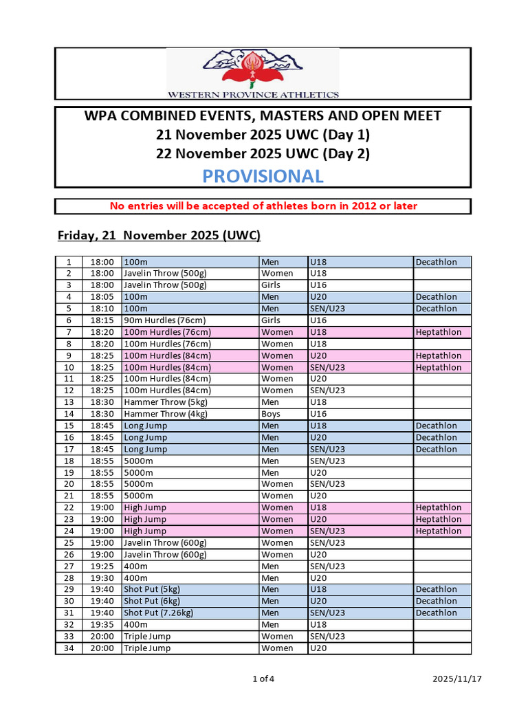 2025 UWC Combined Events Schedule | PDF | Athletic Sports | Individual ...