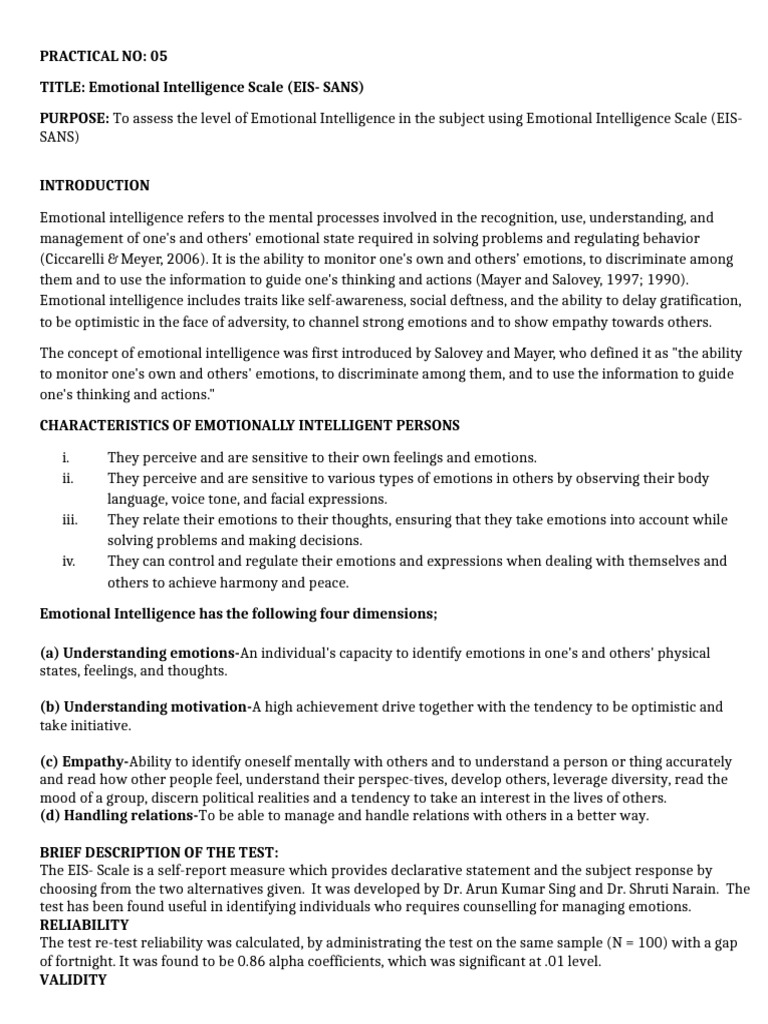 Emotional Intelligence Scale Assessment | PDF | Emotional Intelligence ...